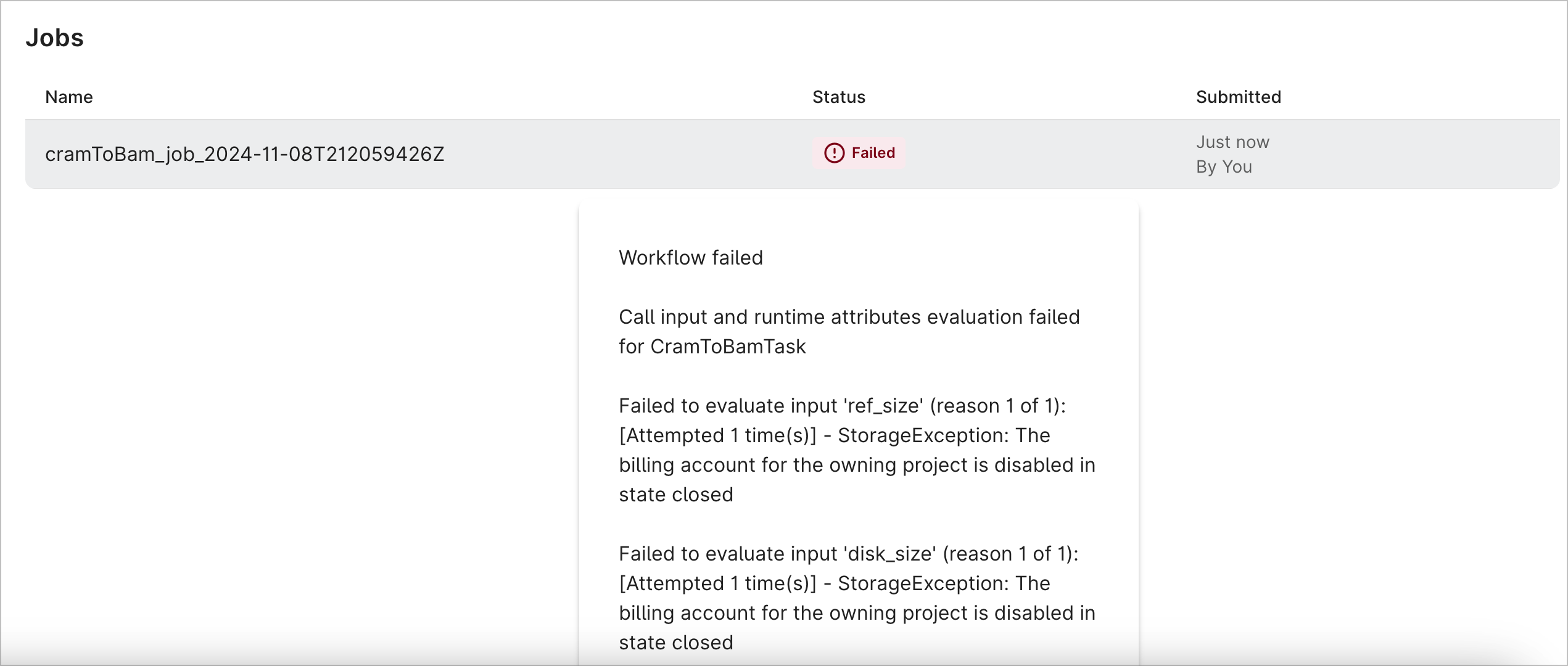 Screenshot showing a 'workflow failed' error message.