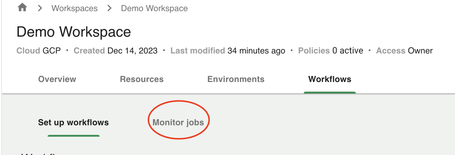 Screenshot of a workspace's Workflows tab, with 'Monitor job' sub-tab highlighted.