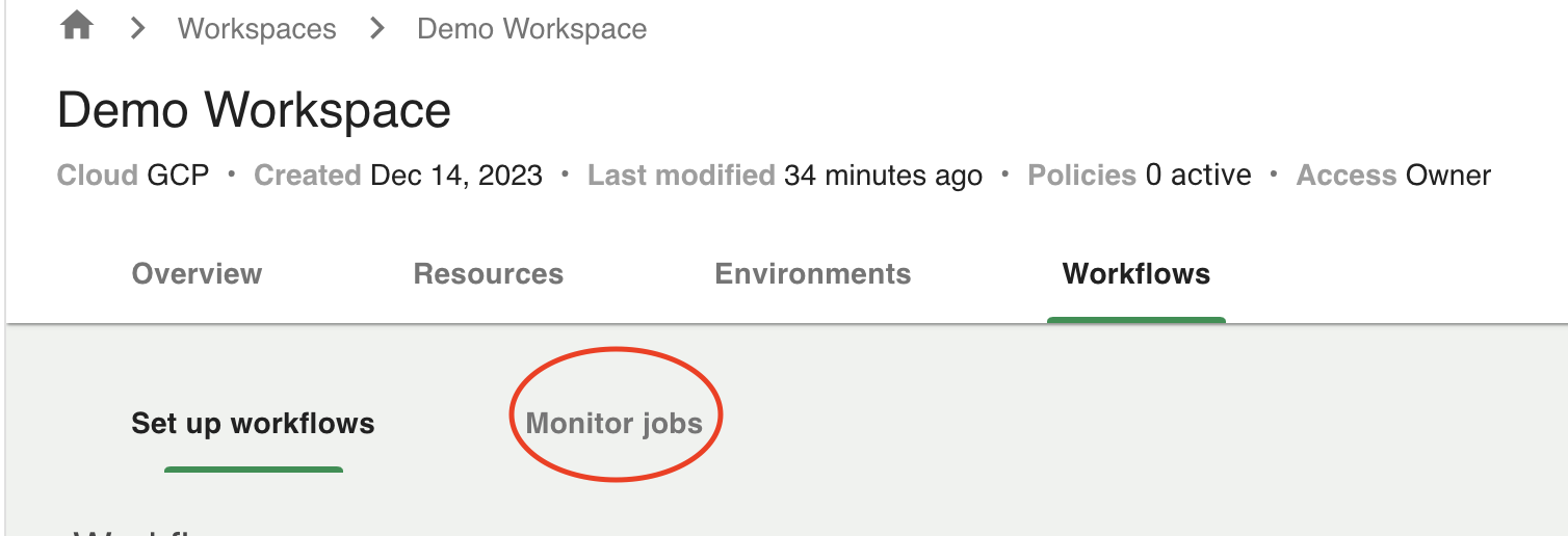 Screenshot of a workspace's Workflows tab, with 'Job status' sub-tab highlighted.