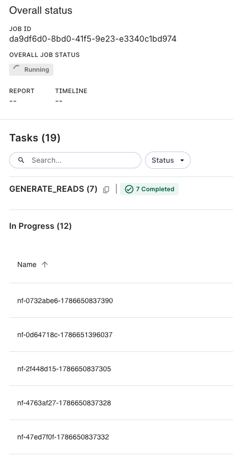 The Tasks page for a running Nextflow job, showing a completed GENERATE_READS group and an In Progress group listing 12 still-running tasks by name.
