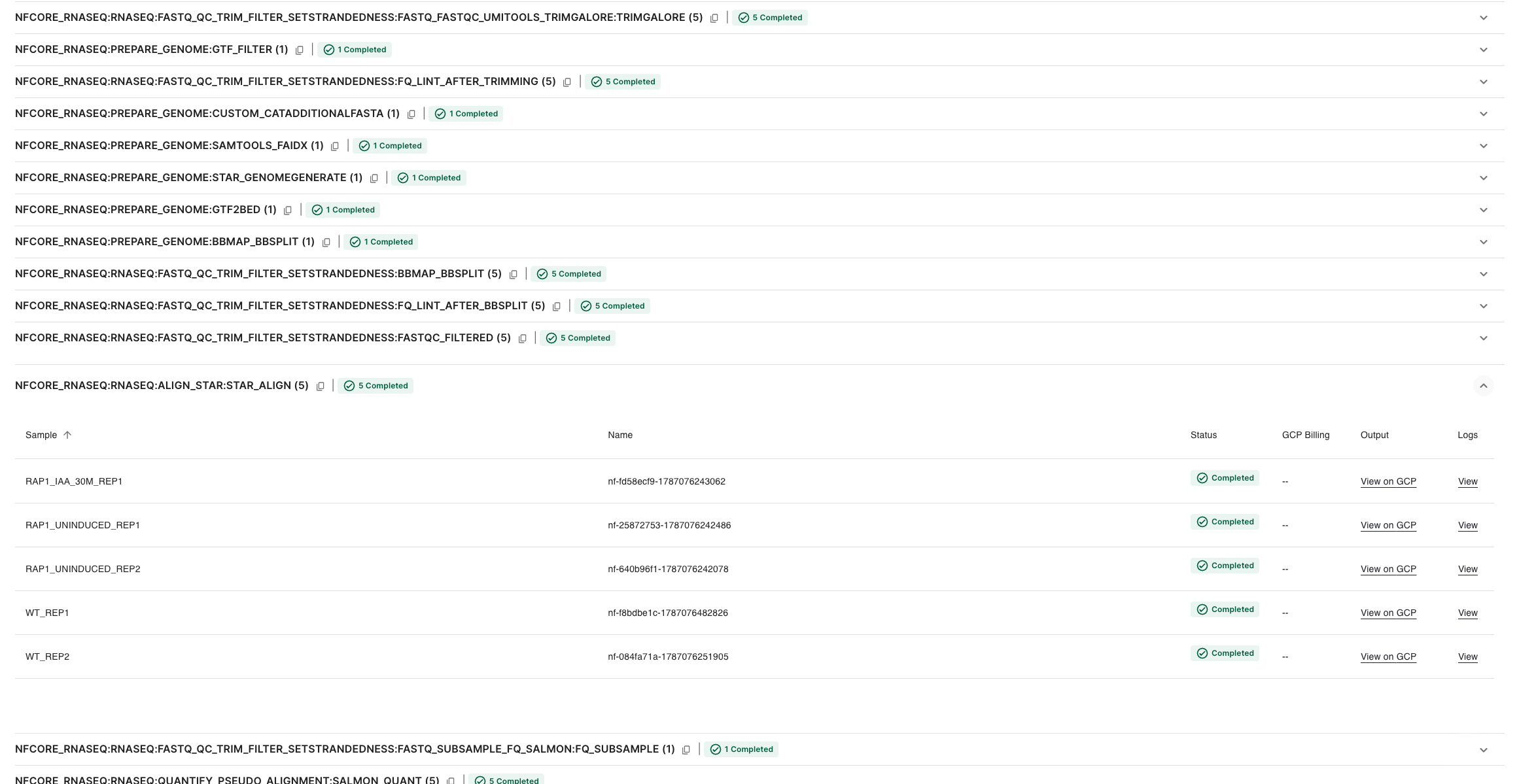 An expanded task group showing the Sample, Name, Status, GCP Billing, Output, and Logs columns for each task.