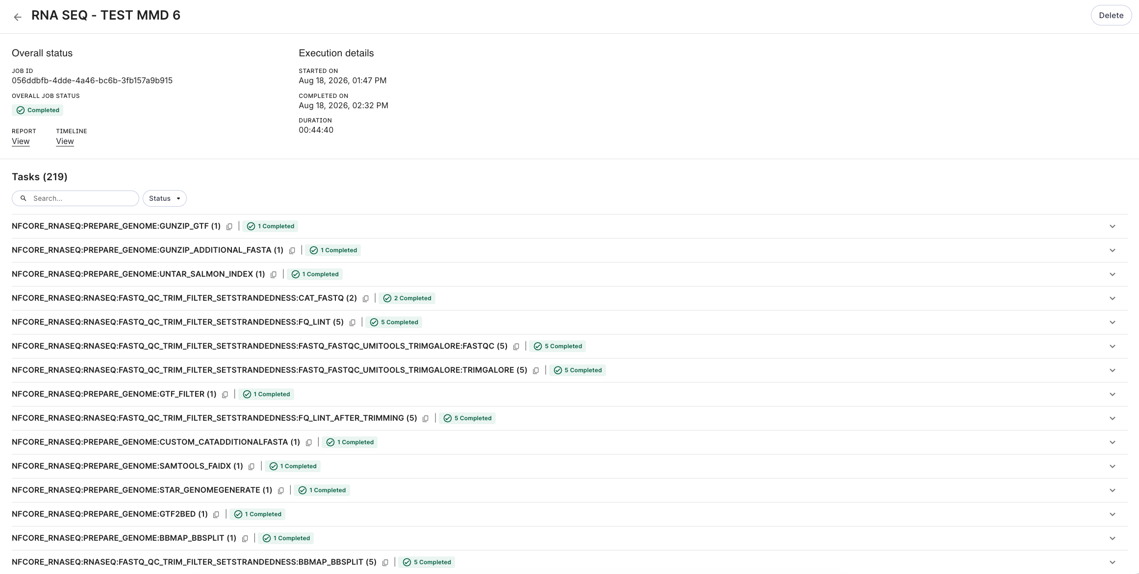 The Tasks page for a Nextflow job, showing tasks grouped by pipeline process, each with a completed-task count.