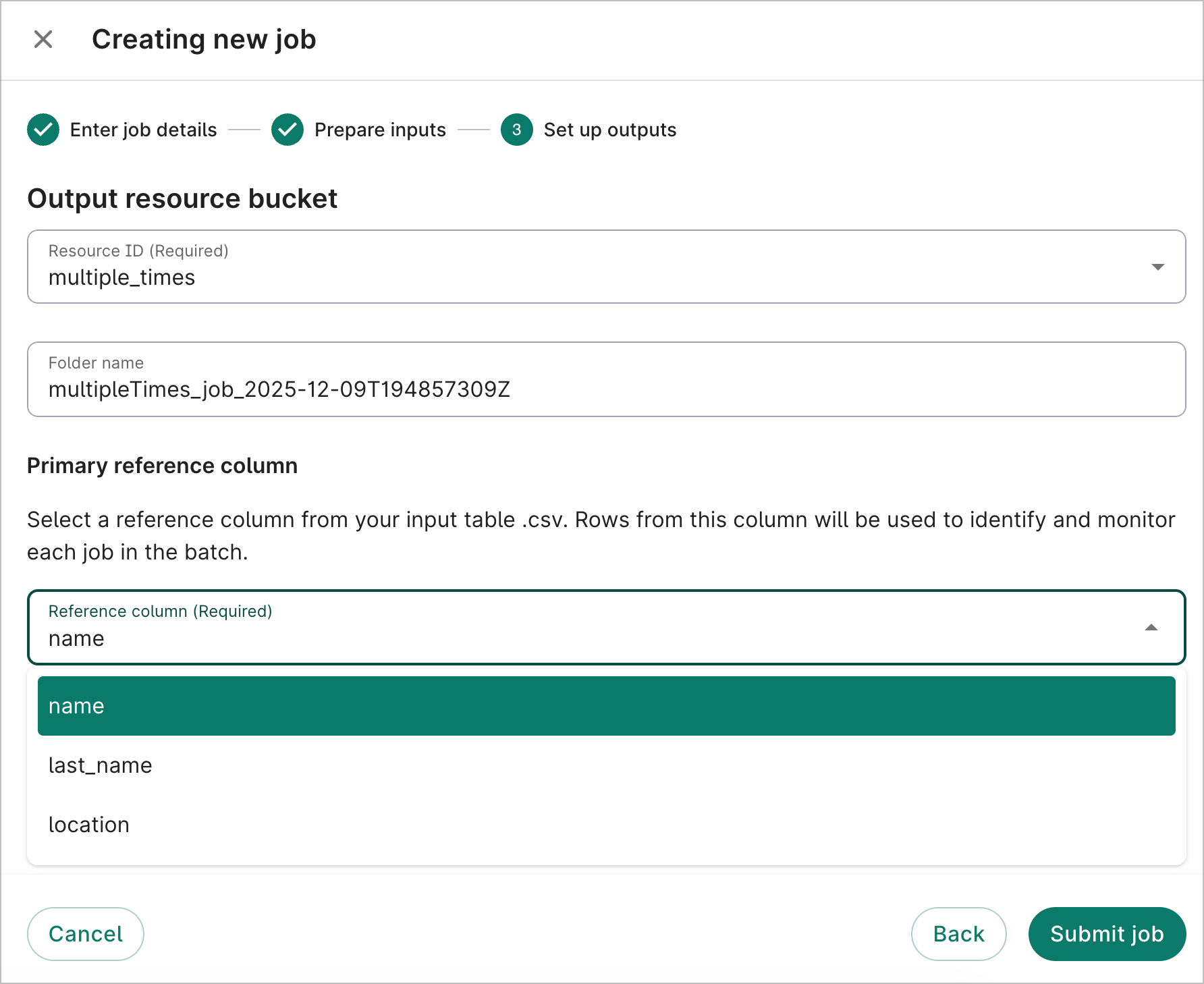 The Set up options step with the primary reference column dropdown featured.