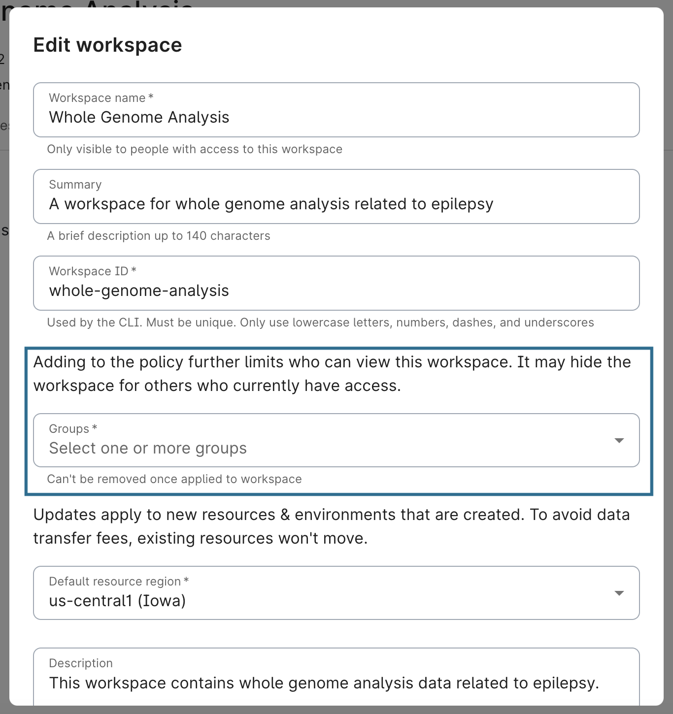Screenshot of a group name being added to a policy after a workspace has been created.