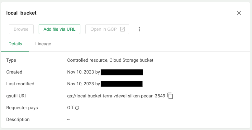 Screenshot of a bucket's details panel, with the 'Browse' and 'Open in GCP' buttons disabled due to a perimeter policy.